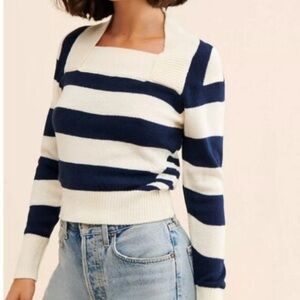 Anthropologie Kourt Monica Navy White Striped Square Neck Sweater Knit Size S